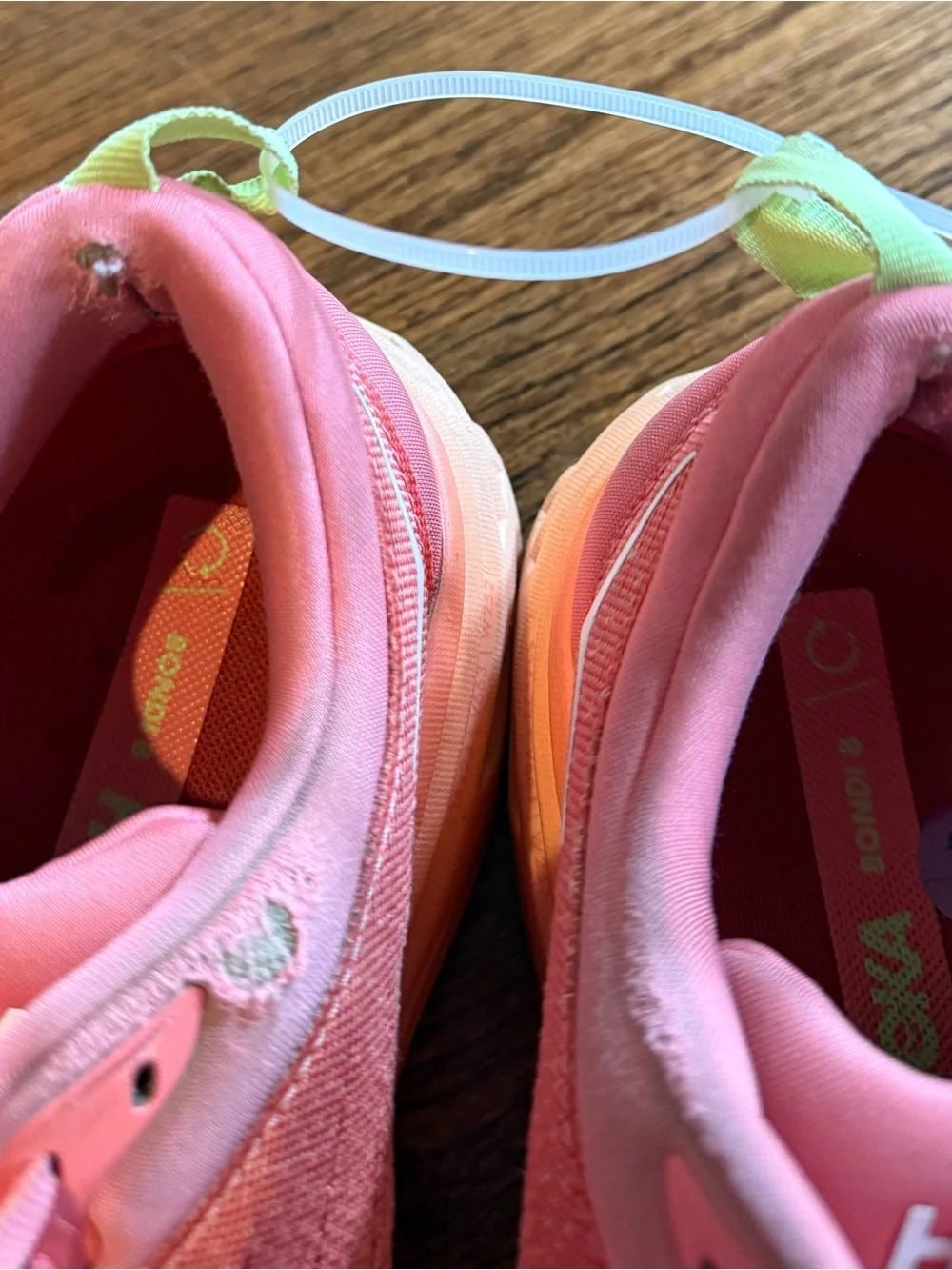 Hoka Women's Coral Pink Bondi 8 Athletic Running Shoes with Mint Accents 10B